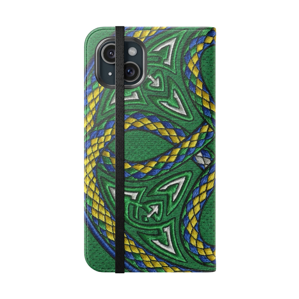 Ouroboros Green Flip Phone Case - Green & Gold Celtic Wallet Cover