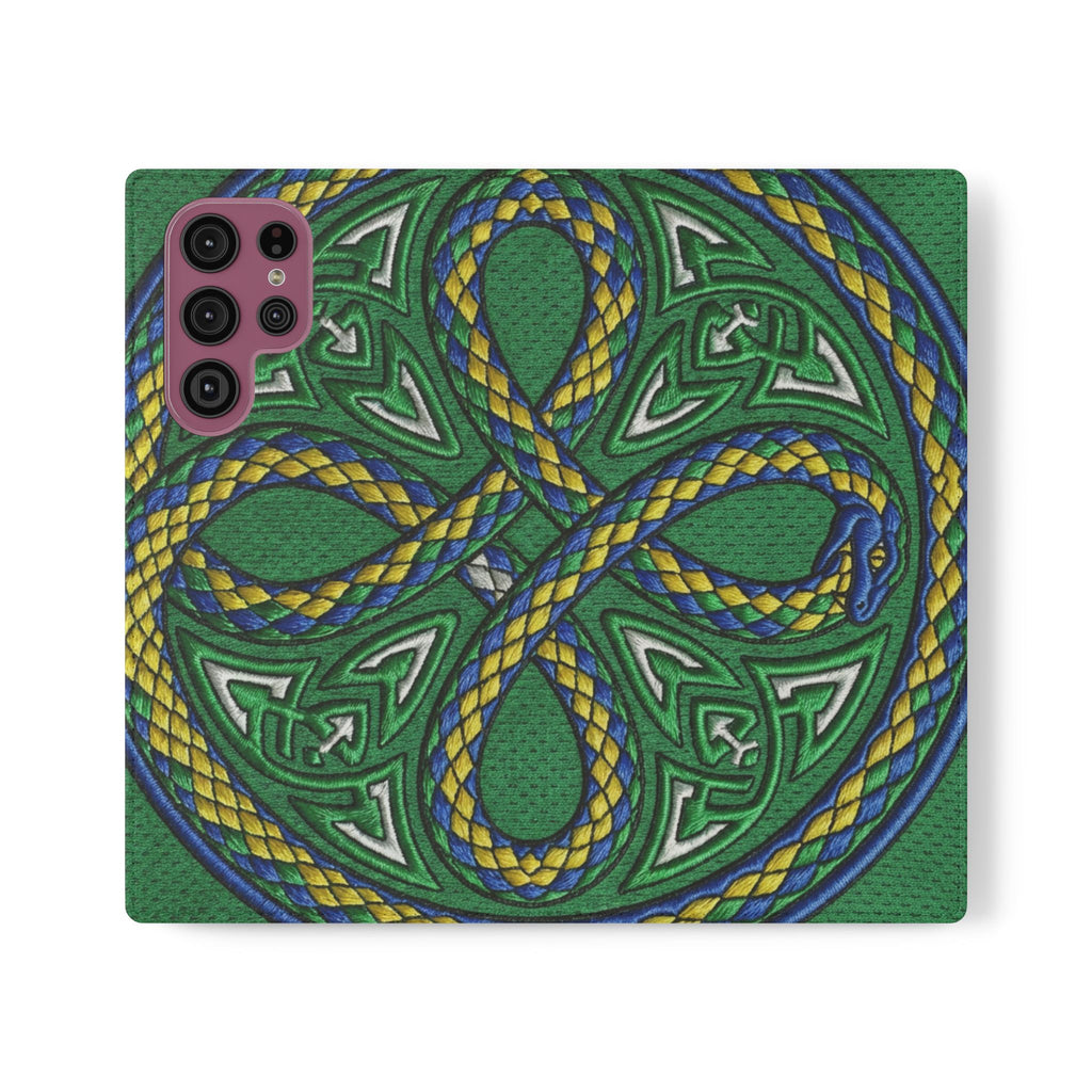Ouroboros Green Flip Phone Case - Green & Gold Celtic Wallet Cover