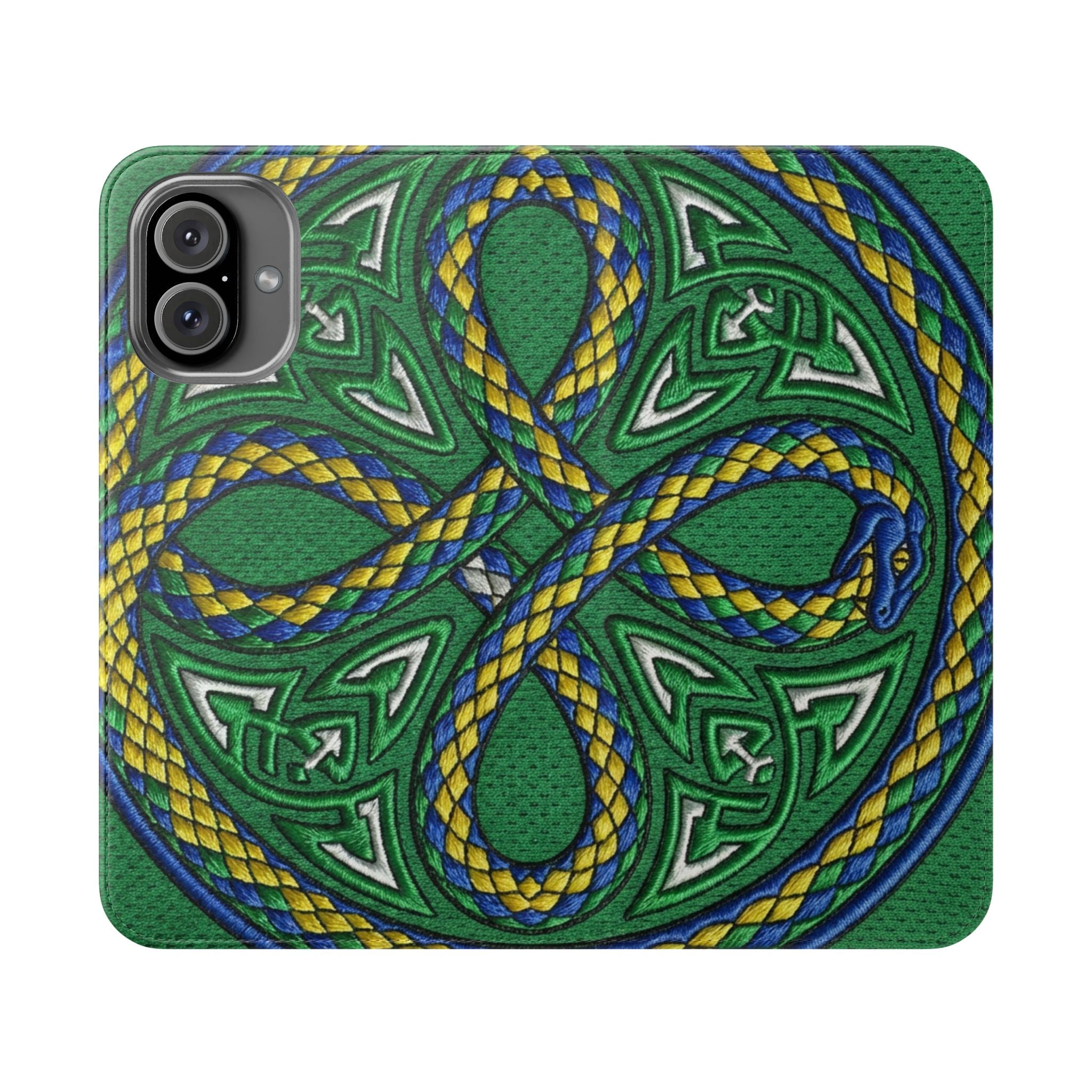 Ouroboros Green Flip Phone Case - Green & Gold Celtic Wallet Cover