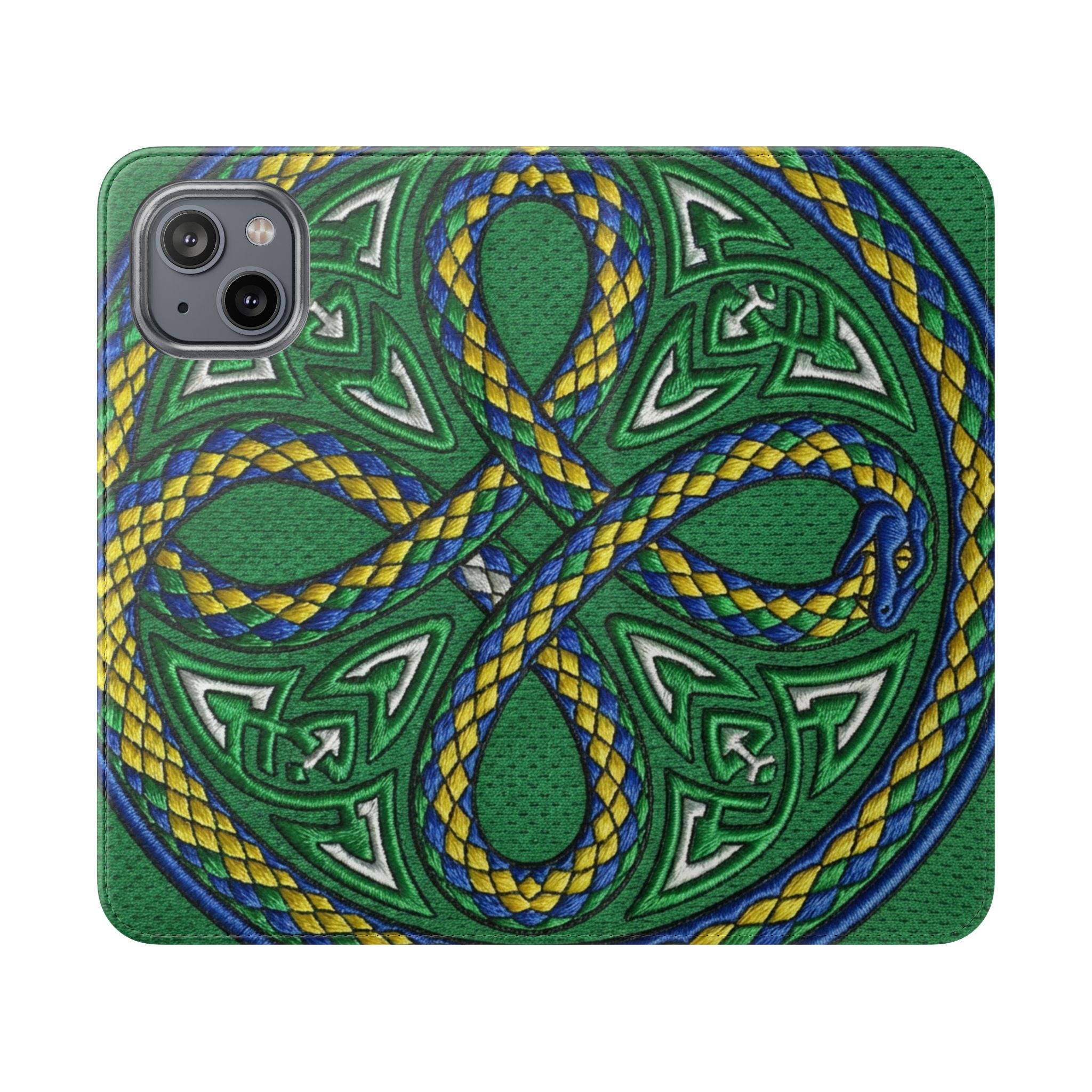 Ouroboros Green Flip Phone Case - Green & Gold Celtic Wallet Cover