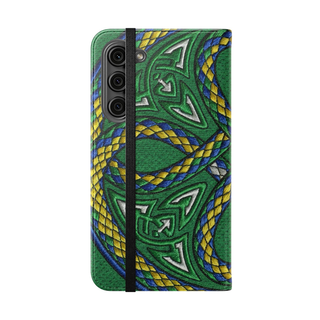 Ouroboros Green Flip Phone Case - Green & Gold Celtic Wallet Cover