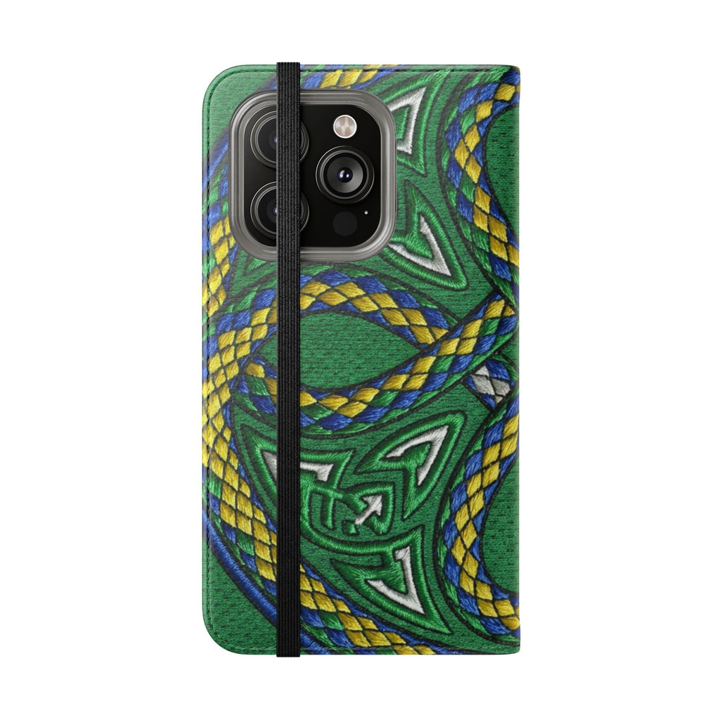 Ouroboros Green Flip Phone Case - Green & Gold Celtic Wallet Cover
