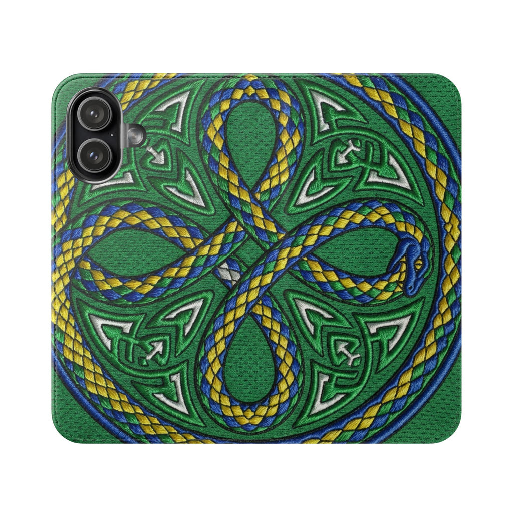 Ouroboros Green Flip Phone Case - Green & Gold Celtic Wallet Cover