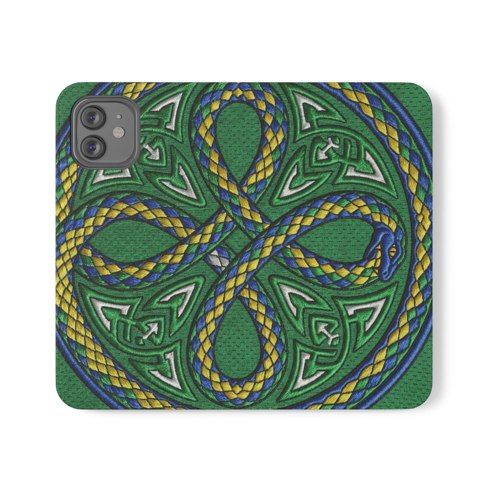 Ouroboros Green Flip Phone Case - Green & Gold Celtic Wallet Cover