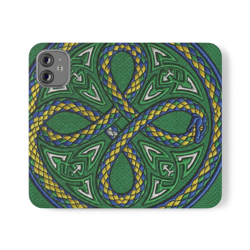Ouroboros Green Flip Phone Case - Green & Gold Celtic Wallet Cover