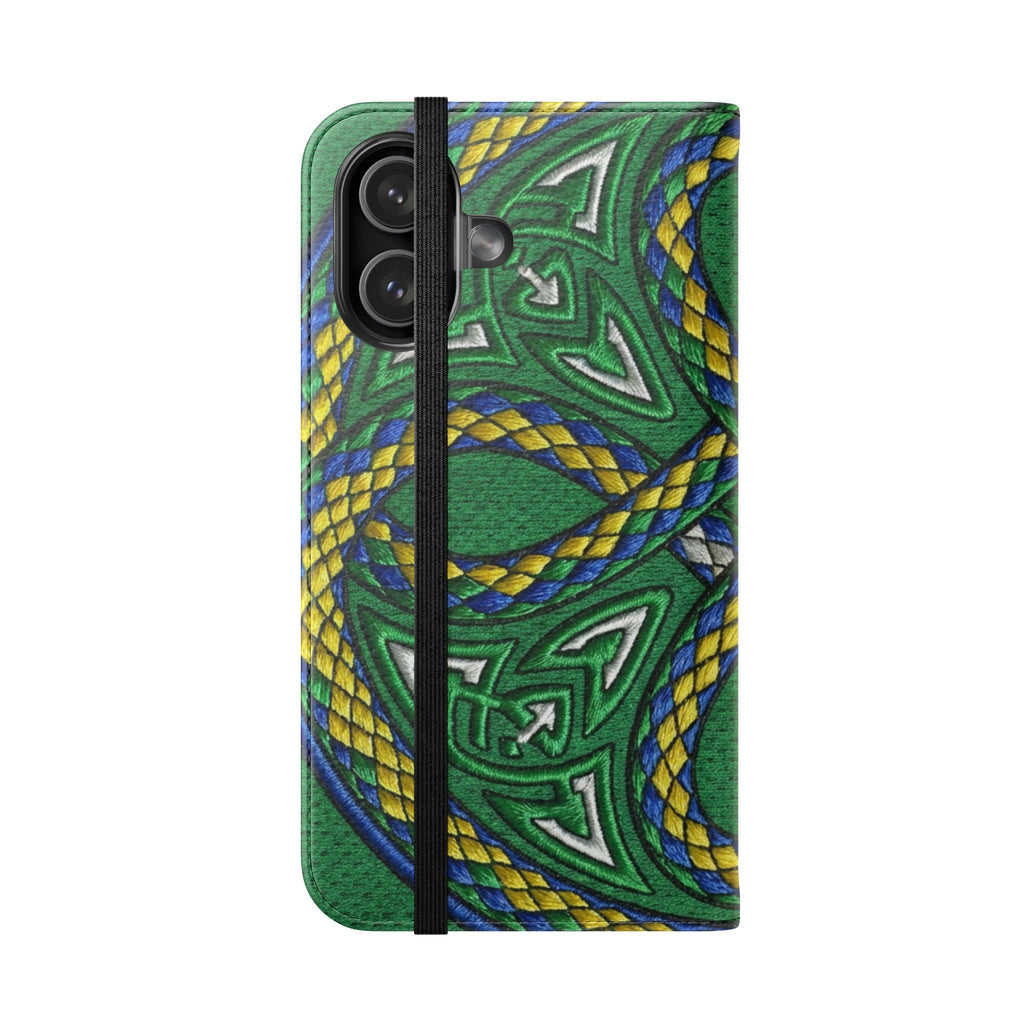 Ouroboros Green Flip Phone Case - Green & Gold Celtic Wallet Cover