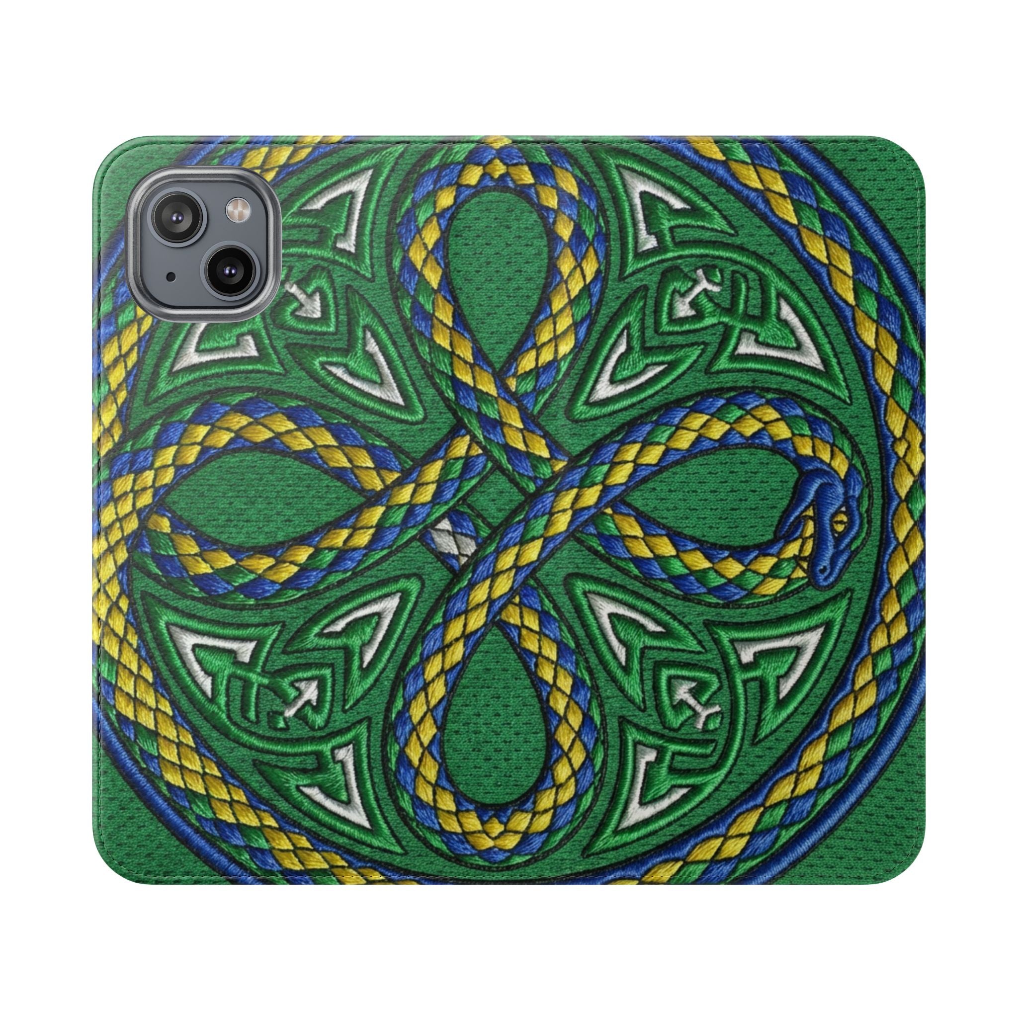 Ouroboros Green Flip Phone Case - Green & Gold Celtic Wallet Cover