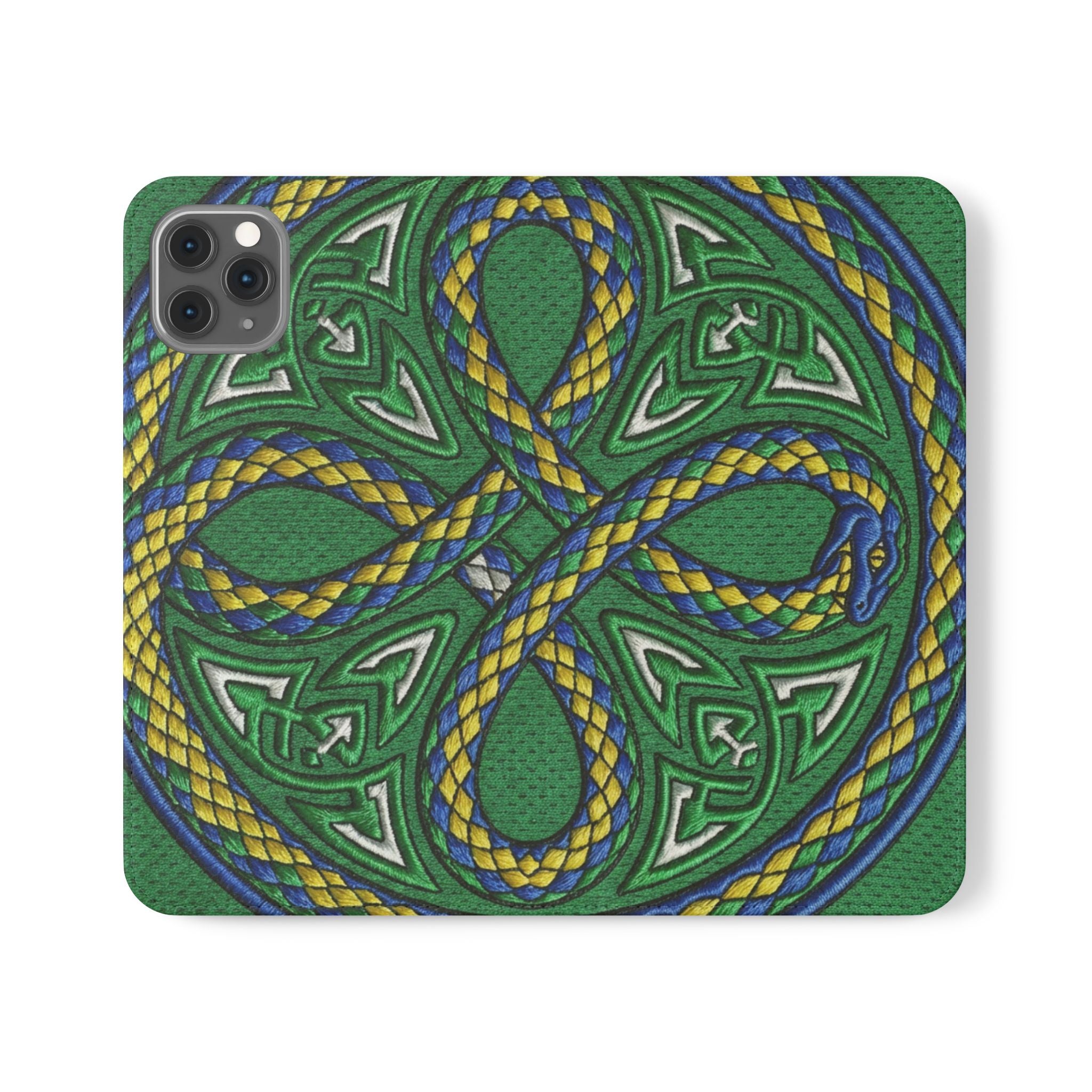 Ouroboros Green Flip Phone Case - Green & Gold Celtic Wallet Cover