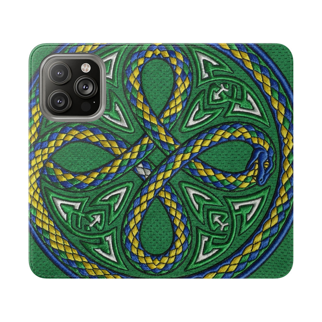 Ouroboros Green Flip Phone Case - Green & Gold Celtic Wallet Cover