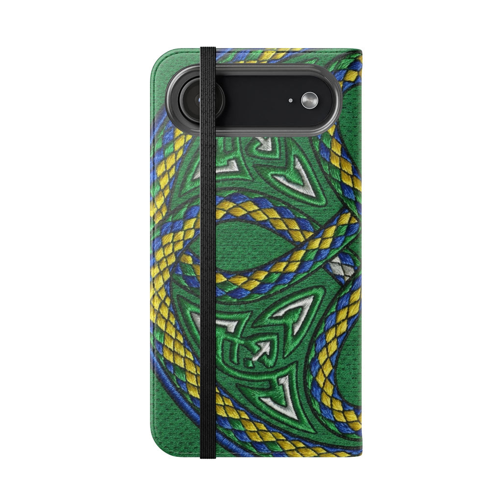 Ouroboros Green Flip Phone Case - Green & Gold Celtic Wallet Cover