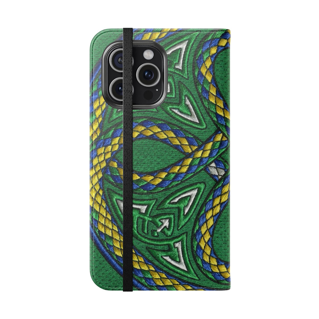 Ouroboros Green Flip Phone Case - Green & Gold Celtic Wallet Cover