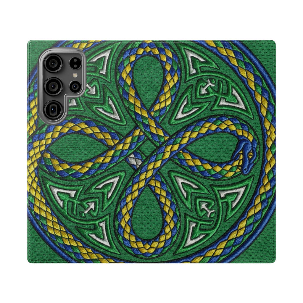 Ouroboros Green Flip Phone Case - Green & Gold Celtic Wallet Cover