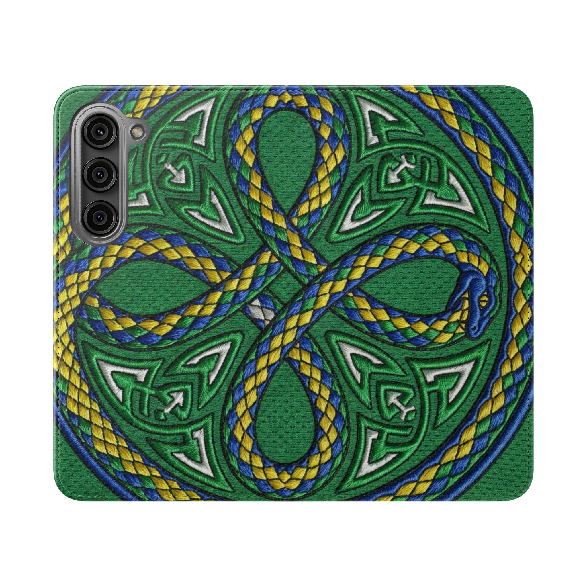Ouroboros Green Flip Phone Case - Green & Gold Celtic Wallet Cover