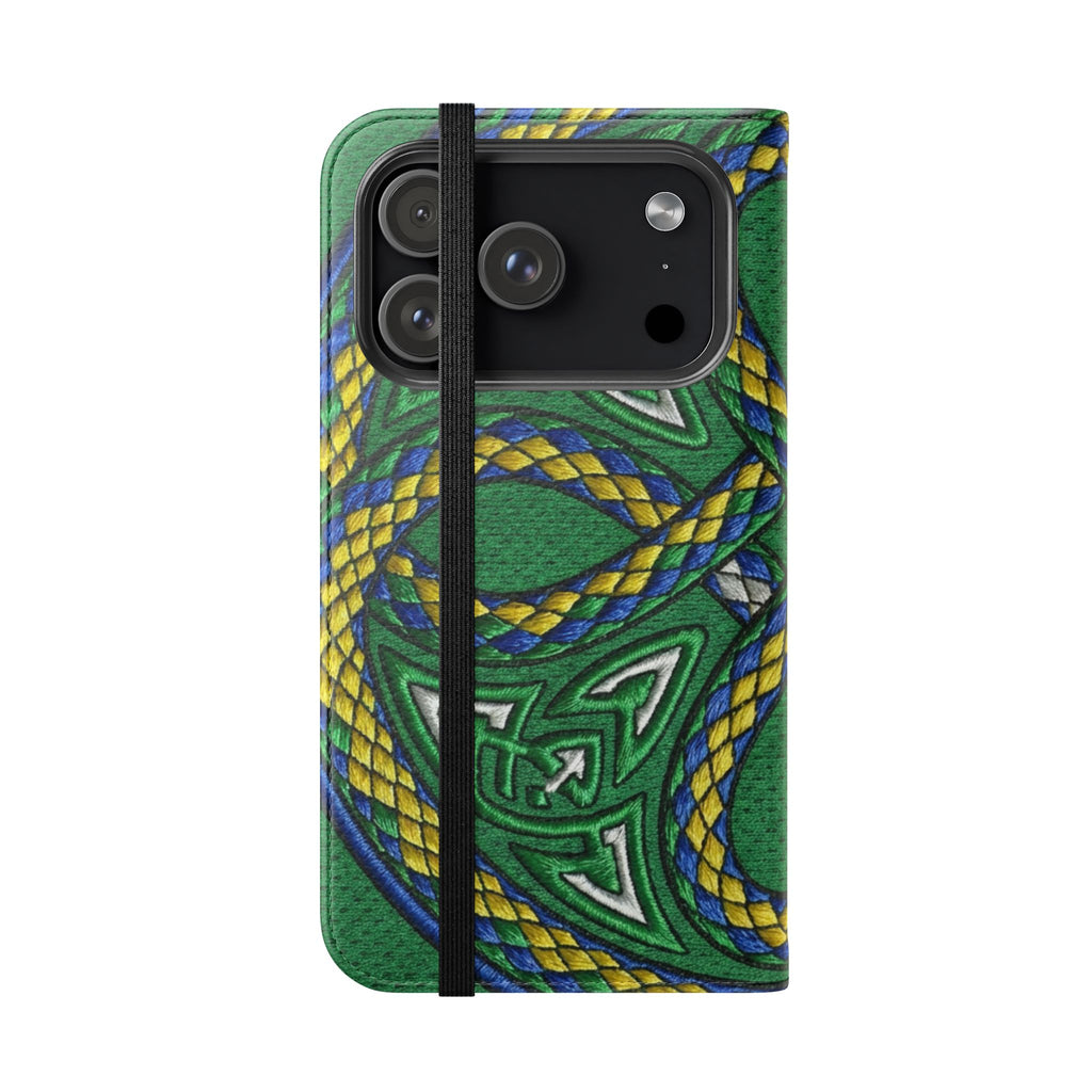 Ouroboros Green Flip Phone Case - Green & Gold Celtic Wallet Cover