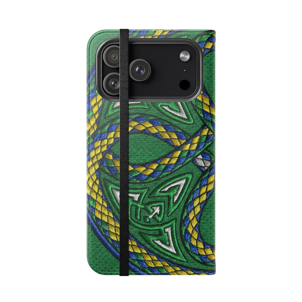 Ouroboros Green Flip Phone Case - Green & Gold Celtic Wallet Cover