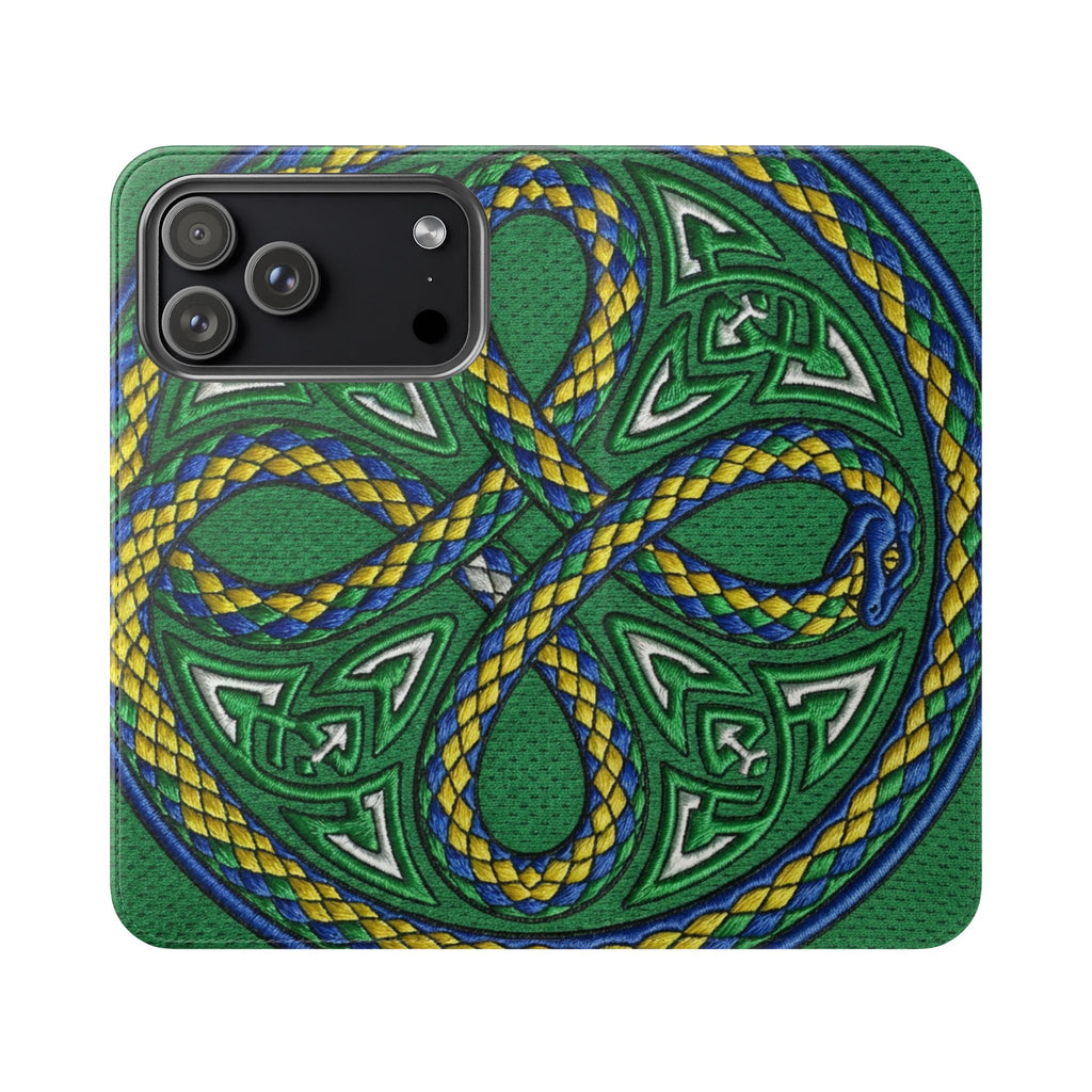 Ouroboros Green Flip Phone Case - Green & Gold Celtic Wallet Cover