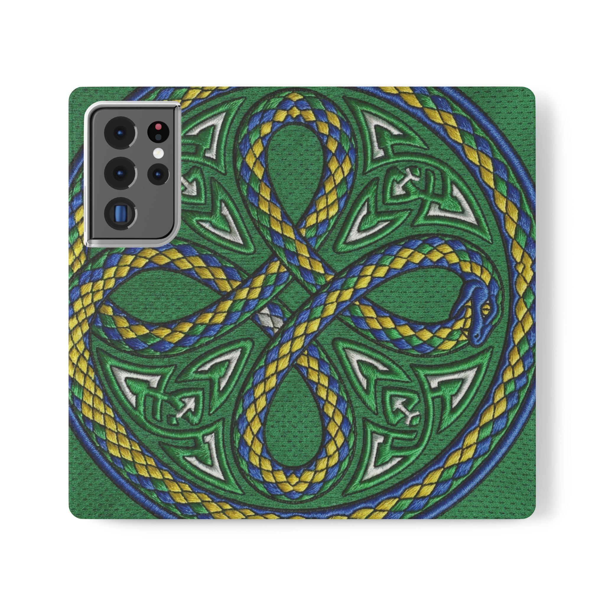 Ouroboros Green Flip Phone Case - Green & Gold Celtic Wallet Cover