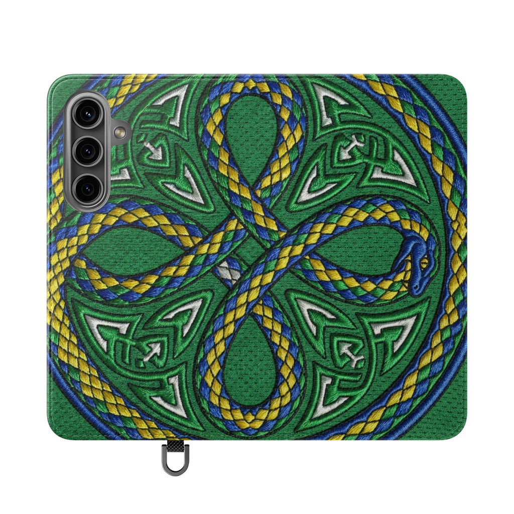 Ouroboros Green Flip Phone Case - Green & Gold Celtic Wallet Cover