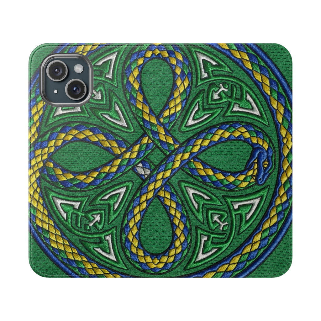 Ouroboros Green Flip Phone Case - Green & Gold Celtic Wallet Cover