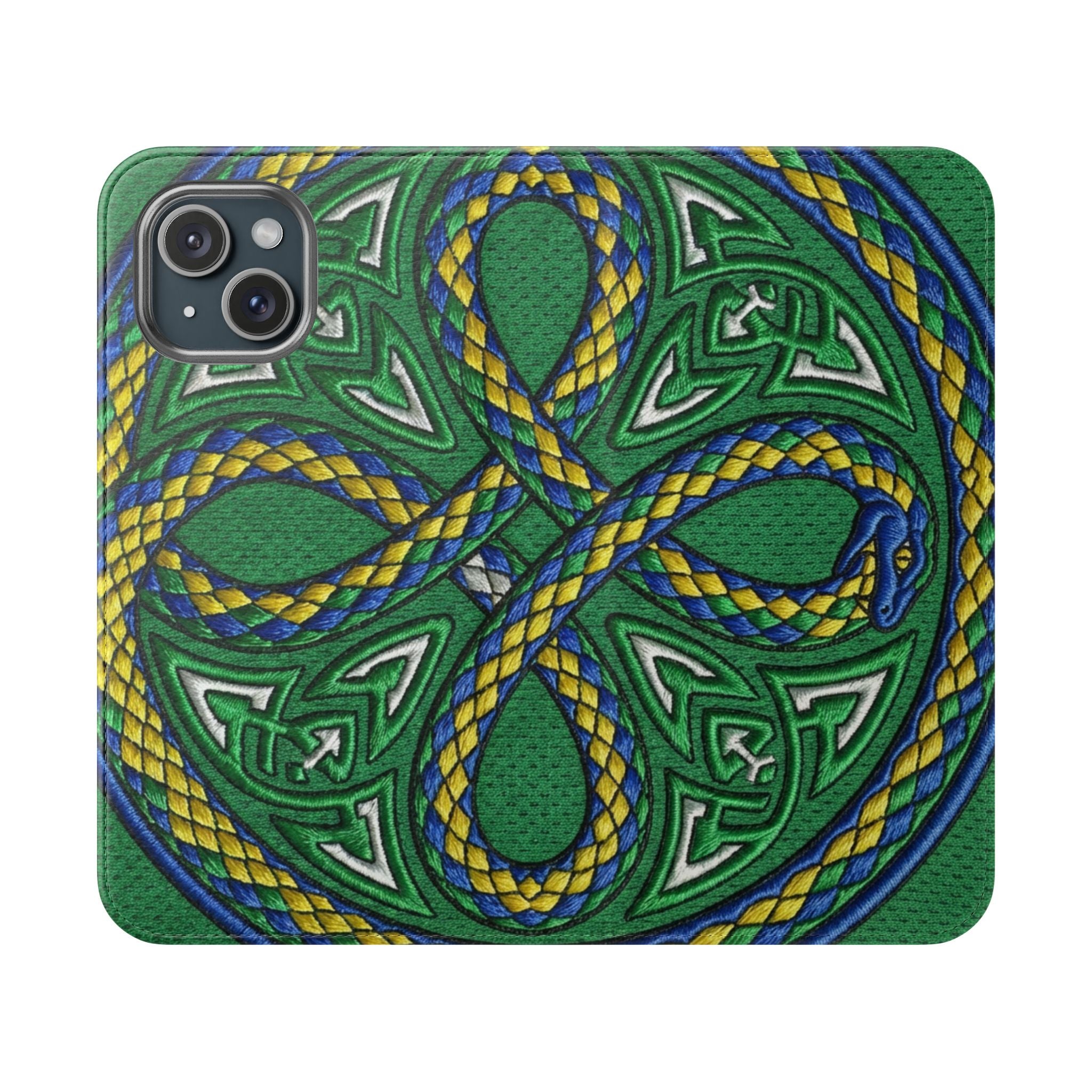 Ouroboros Green Flip Phone Case - Green & Gold Celtic Wallet Cover