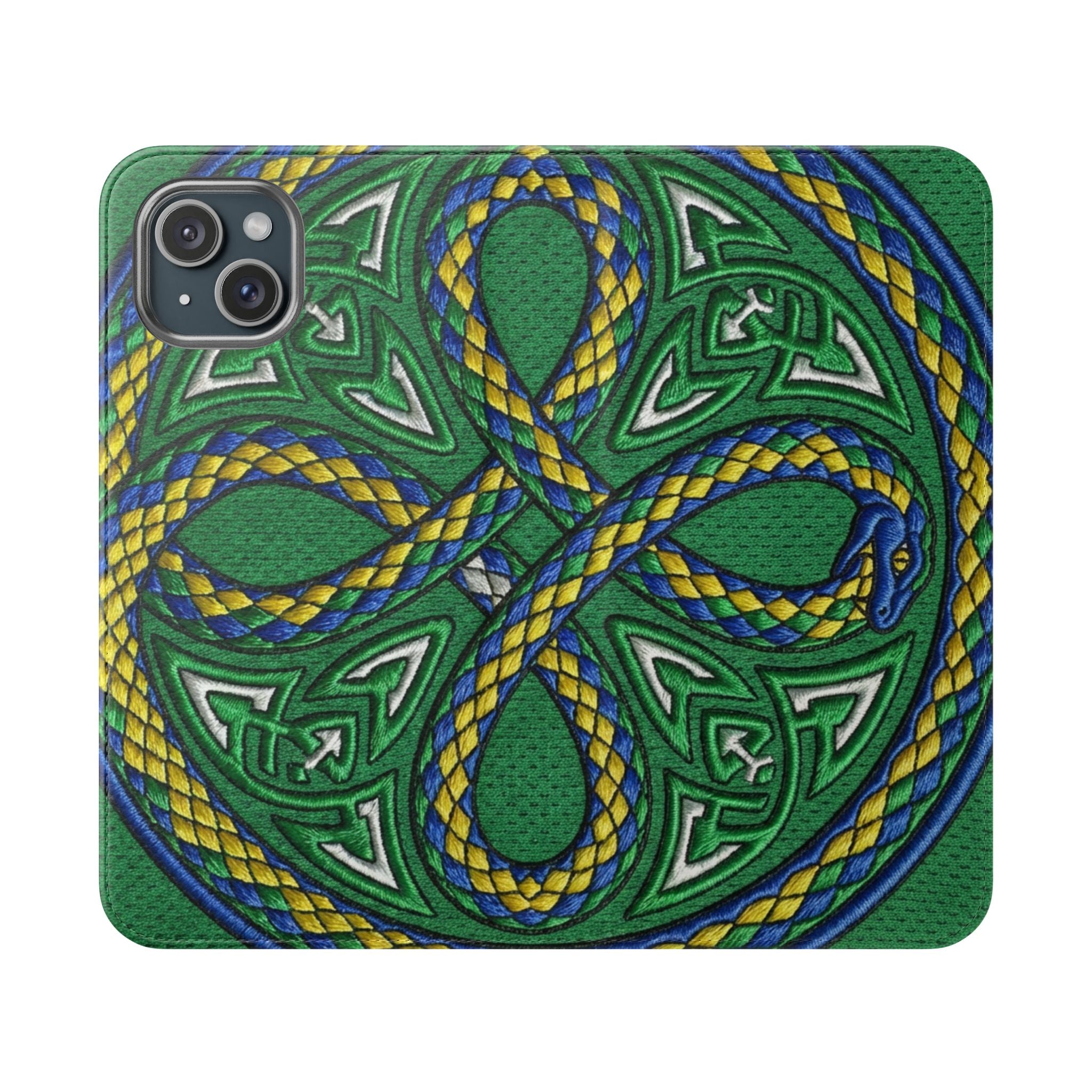 Ouroboros Green Flip Phone Case - Green & Gold Celtic Wallet Cover