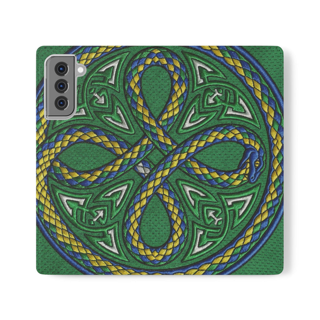 Ouroboros Green Flip Phone Case - Green & Gold Celtic Wallet Cover