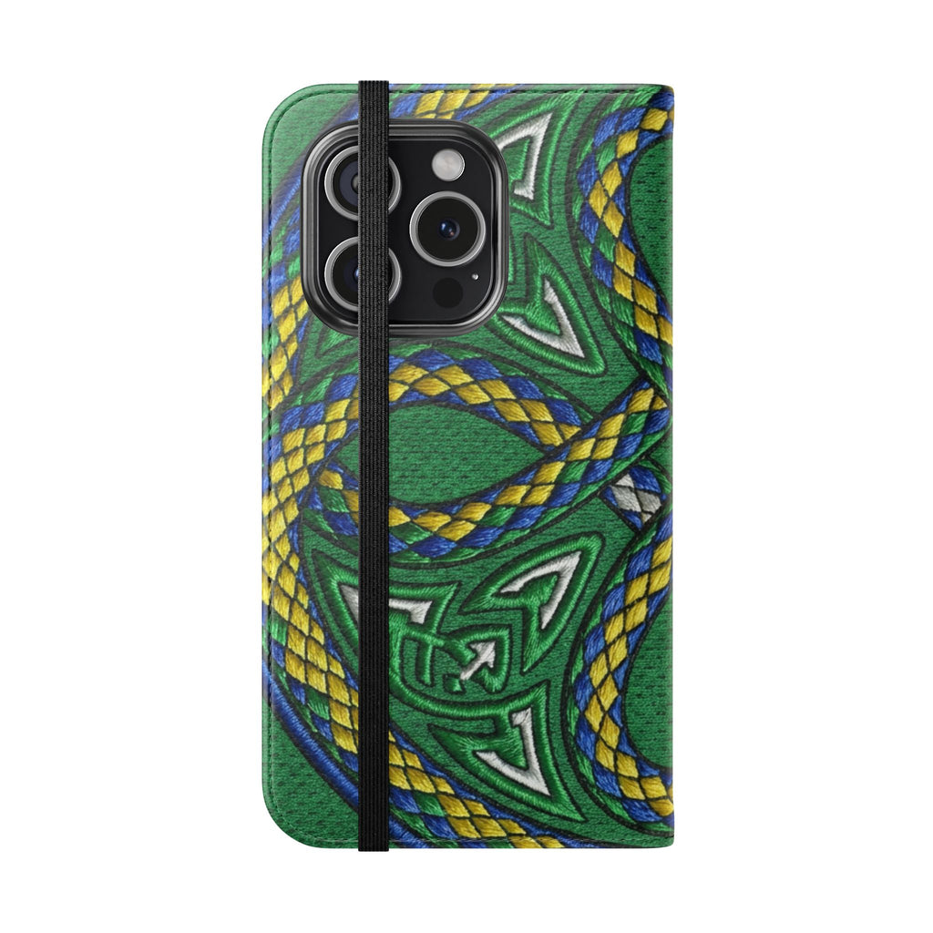 Ouroboros Green Flip Phone Case - Green & Gold Celtic Wallet Cover