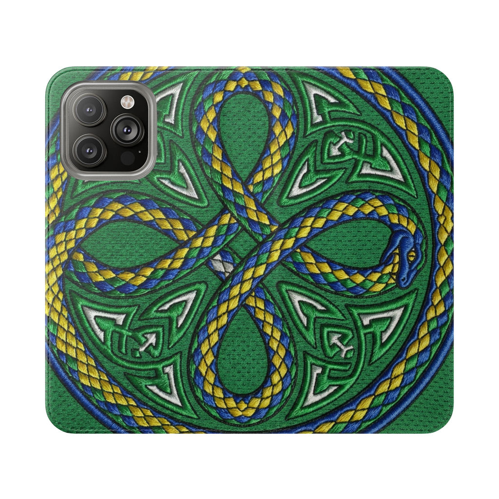 Ouroboros Green Flip Phone Case - Green & Gold Celtic Wallet Cover