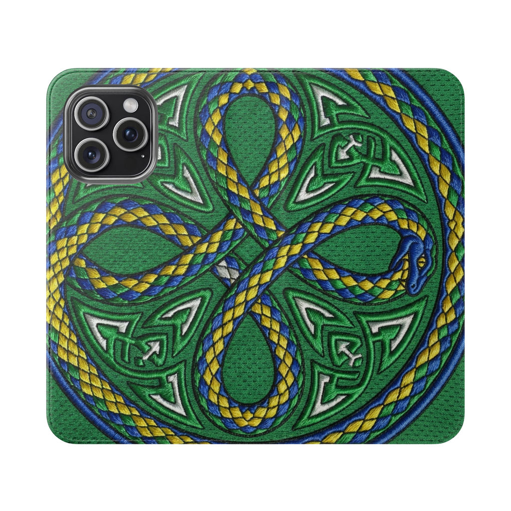 Ouroboros Green Flip Phone Case - Green & Gold Celtic Wallet Cover