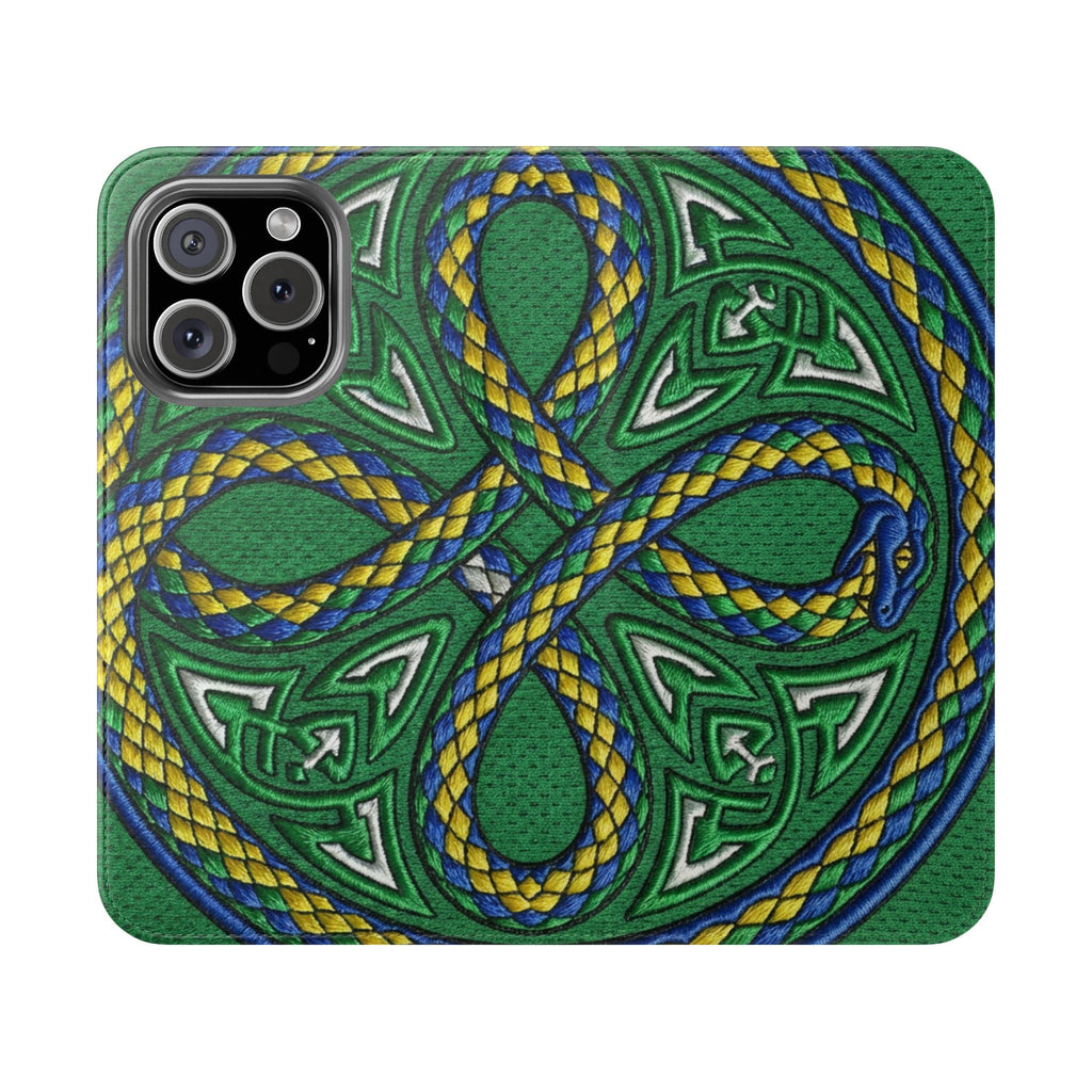 Ouroboros Green Flip Phone Case - Green & Gold Celtic Wallet Cover