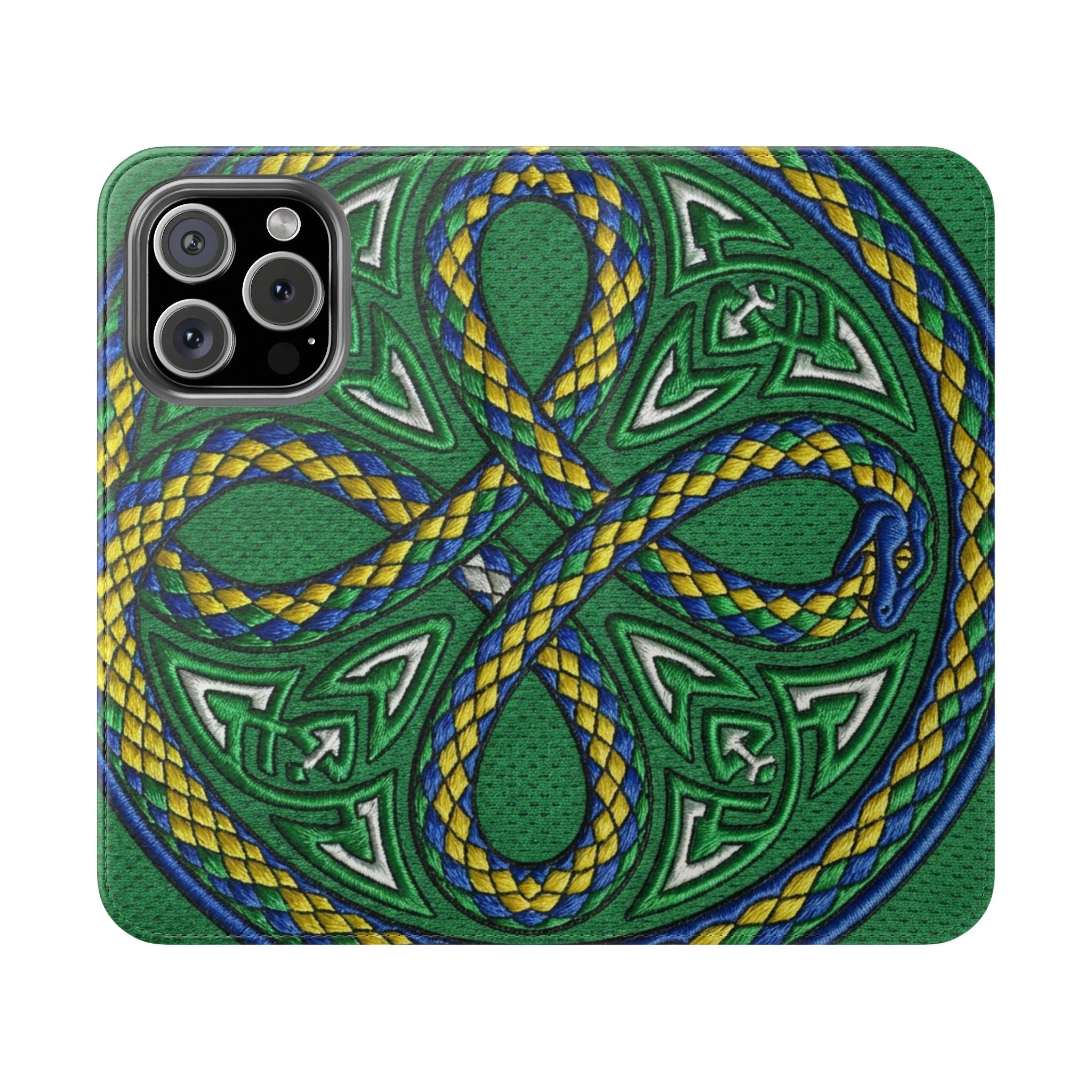 Ouroboros Green Flip Phone Case - Green & Gold Celtic Wallet Cover