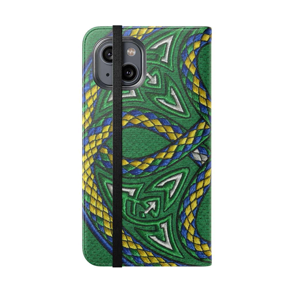 Ouroboros Green Flip Phone Case - Green & Gold Celtic Wallet Cover