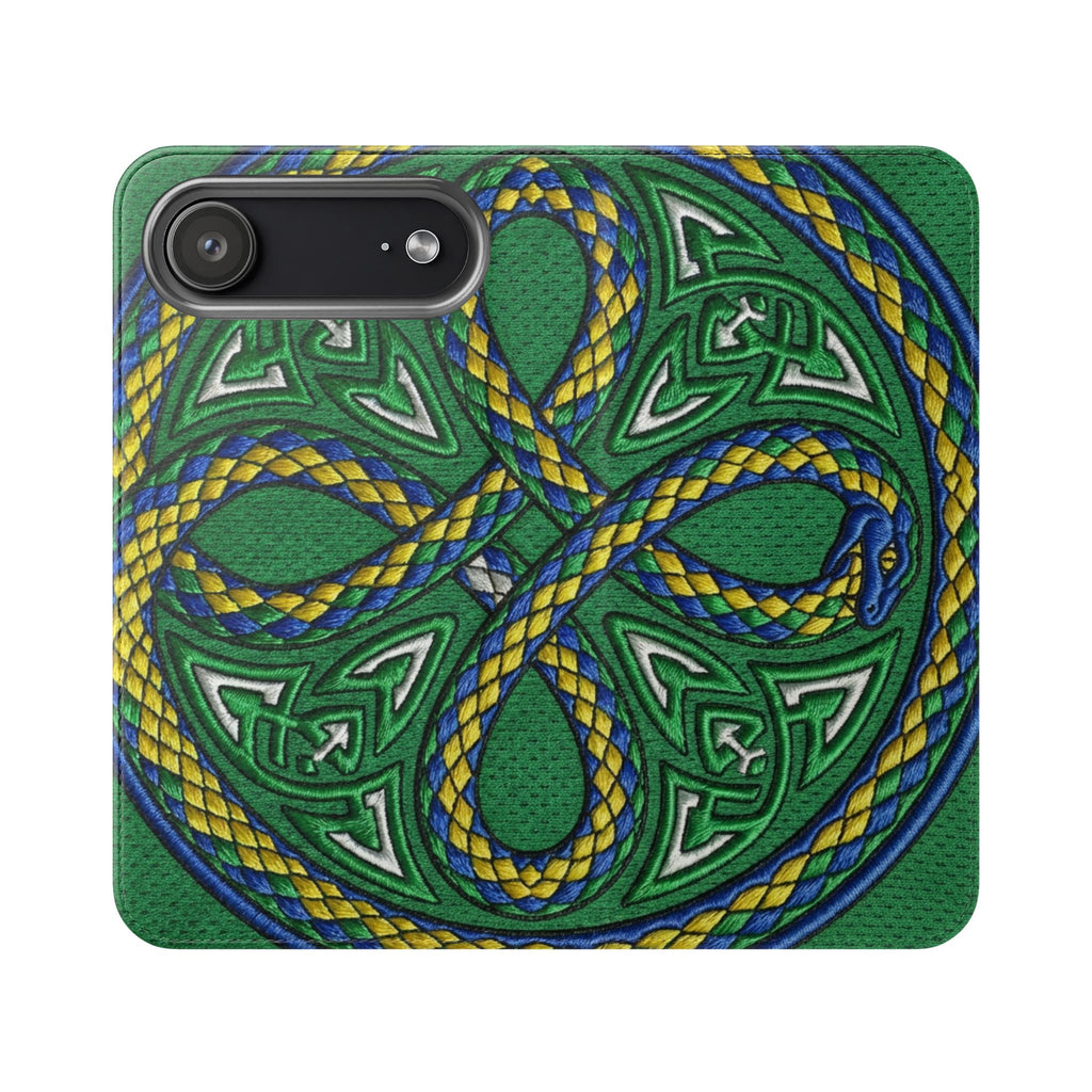 Ouroboros Green Flip Phone Case - Green & Gold Celtic Wallet Cover