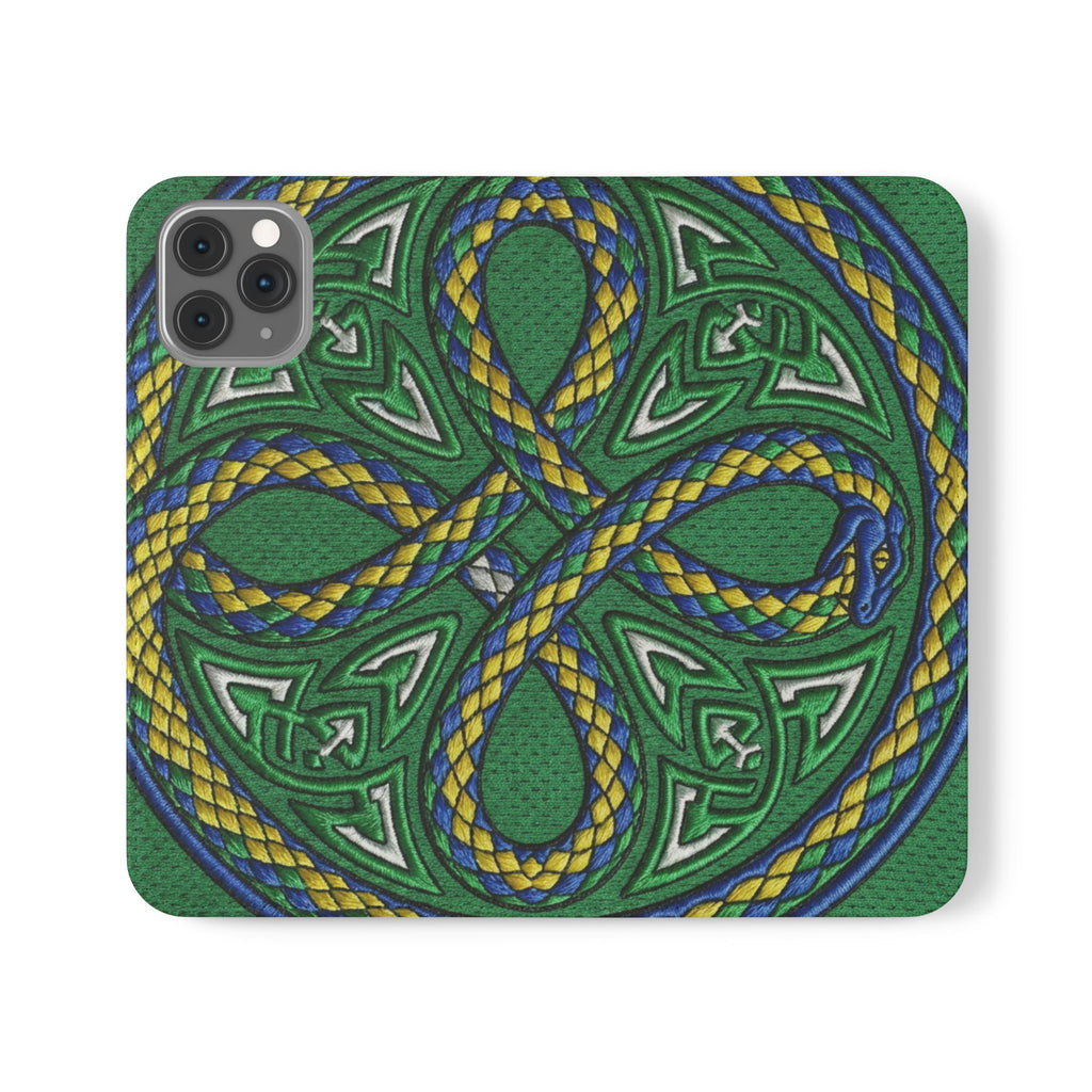 Ouroboros Green Flip Phone Case - Green & Gold Celtic Wallet Cover