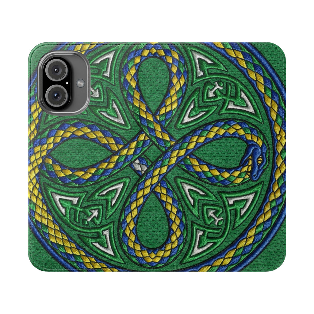 Ouroboros Green Flip Phone Case - Green & Gold Celtic Wallet Cover