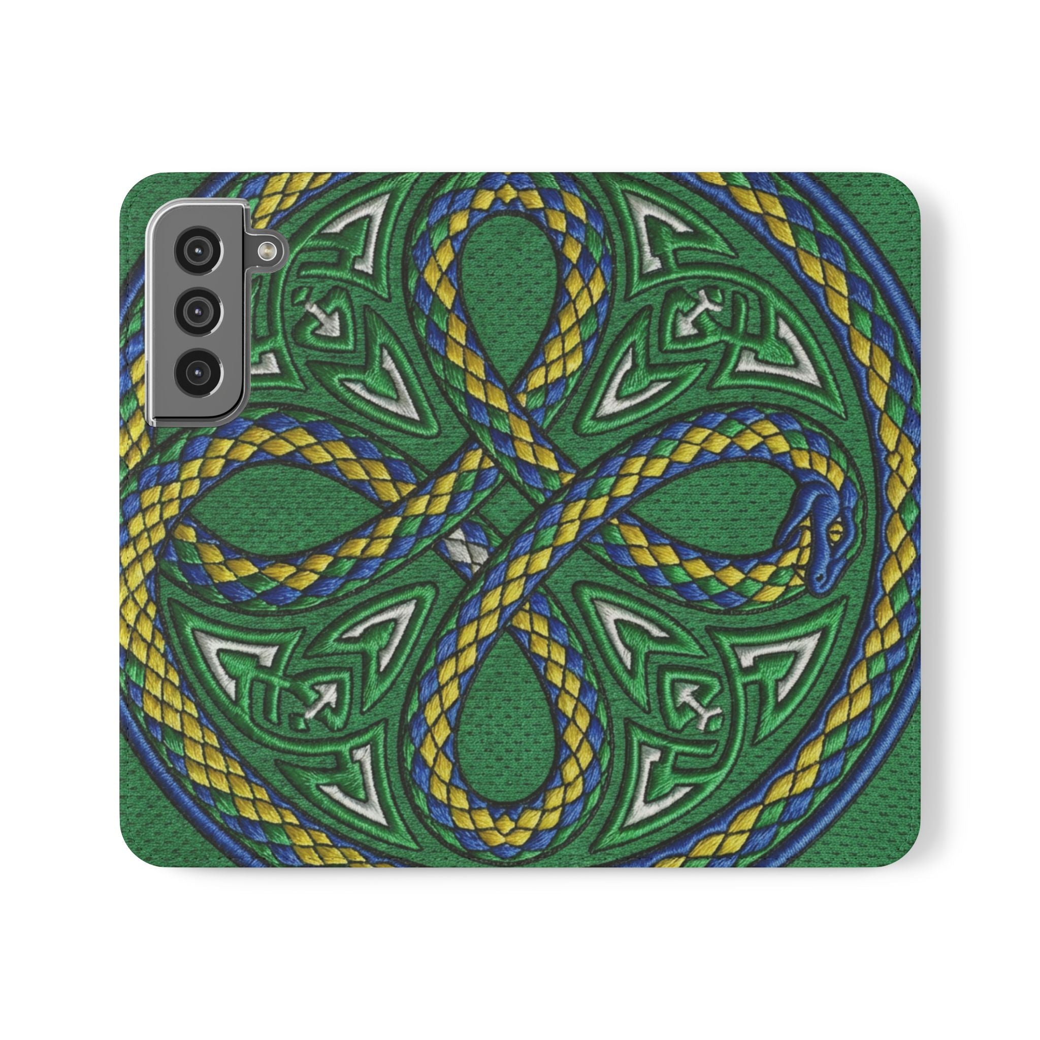 Ouroboros Green Flip Phone Case - Green & Gold Celtic Wallet Cover