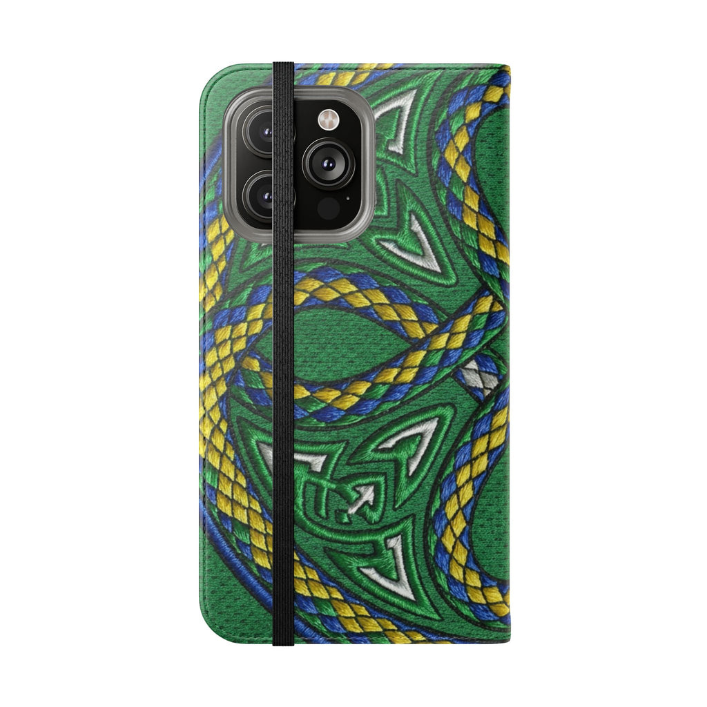 Ouroboros Green Flip Phone Case - Green & Gold Celtic Wallet Cover