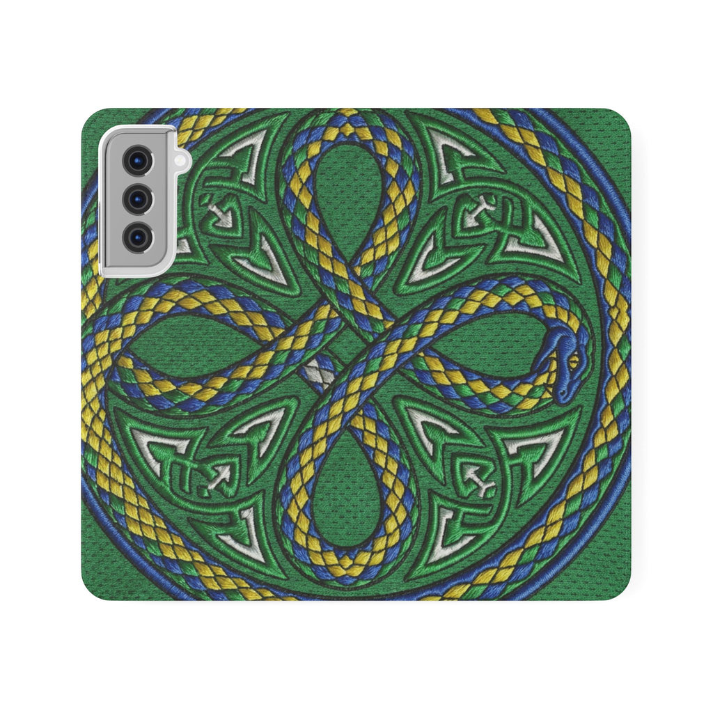 Ouroboros Green Flip Phone Case - Green & Gold Celtic Wallet Cover