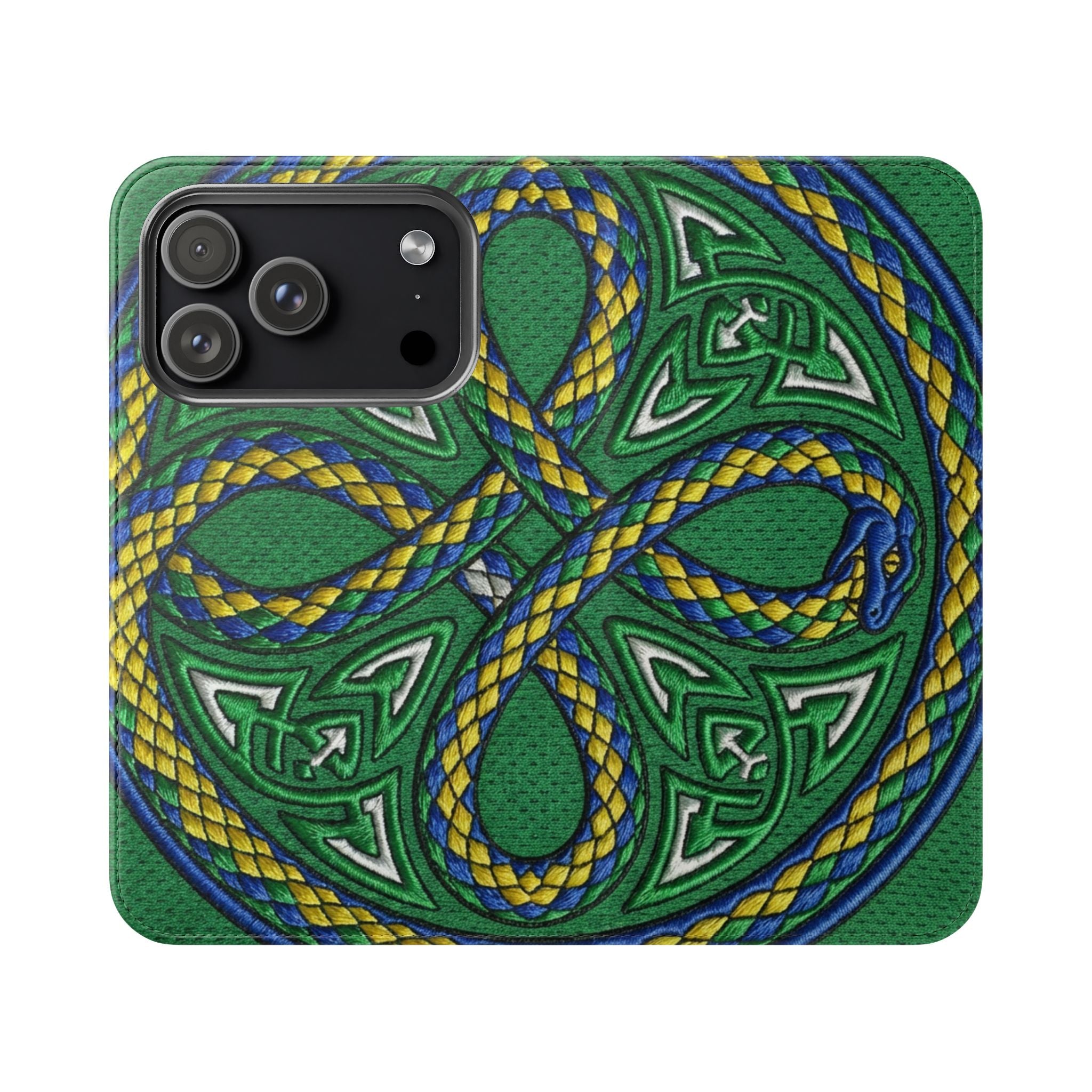 Ouroboros Green Flip Phone Case - Green & Gold Celtic Wallet Cover