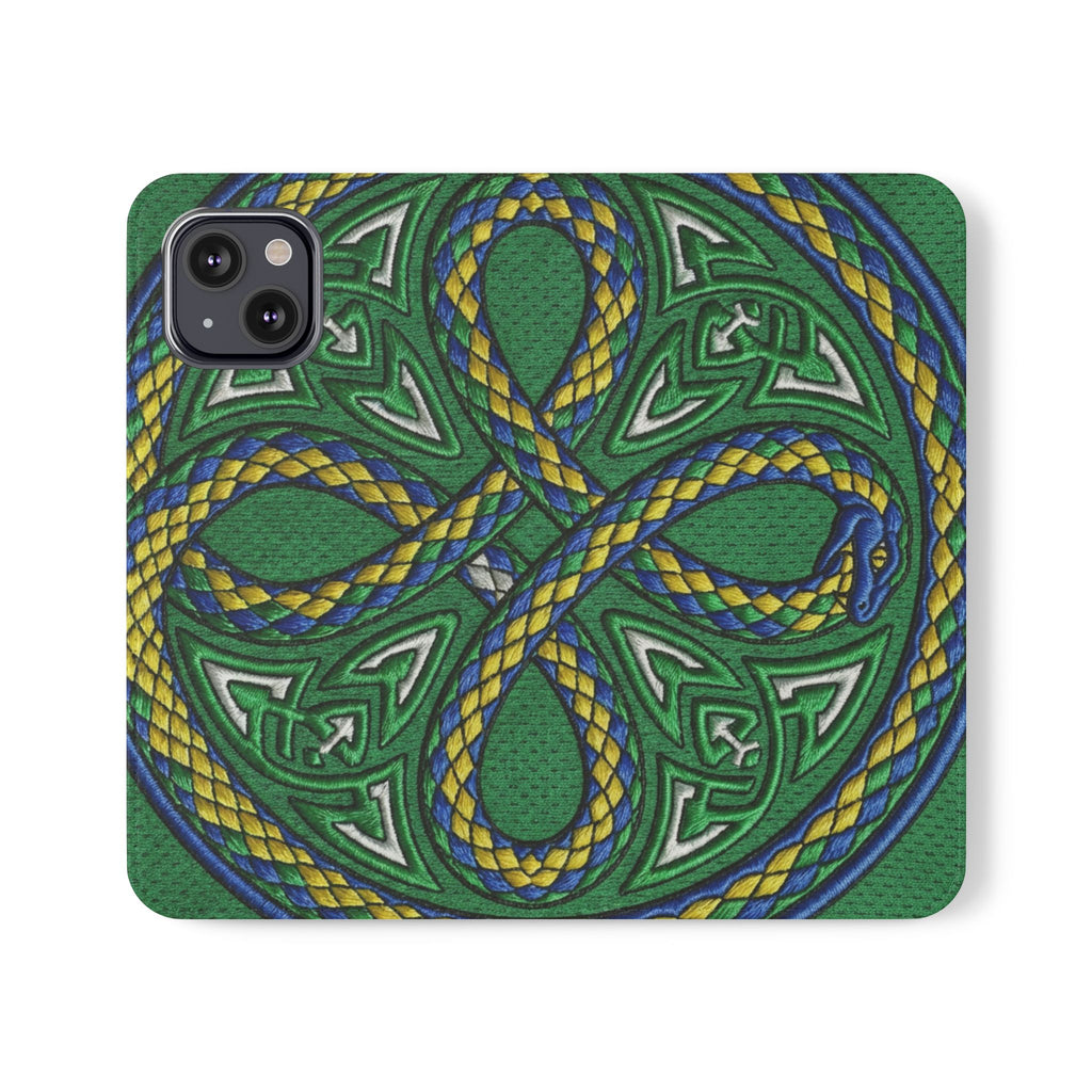 Ouroboros Green Flip Phone Case - Green & Gold Celtic Wallet Cover