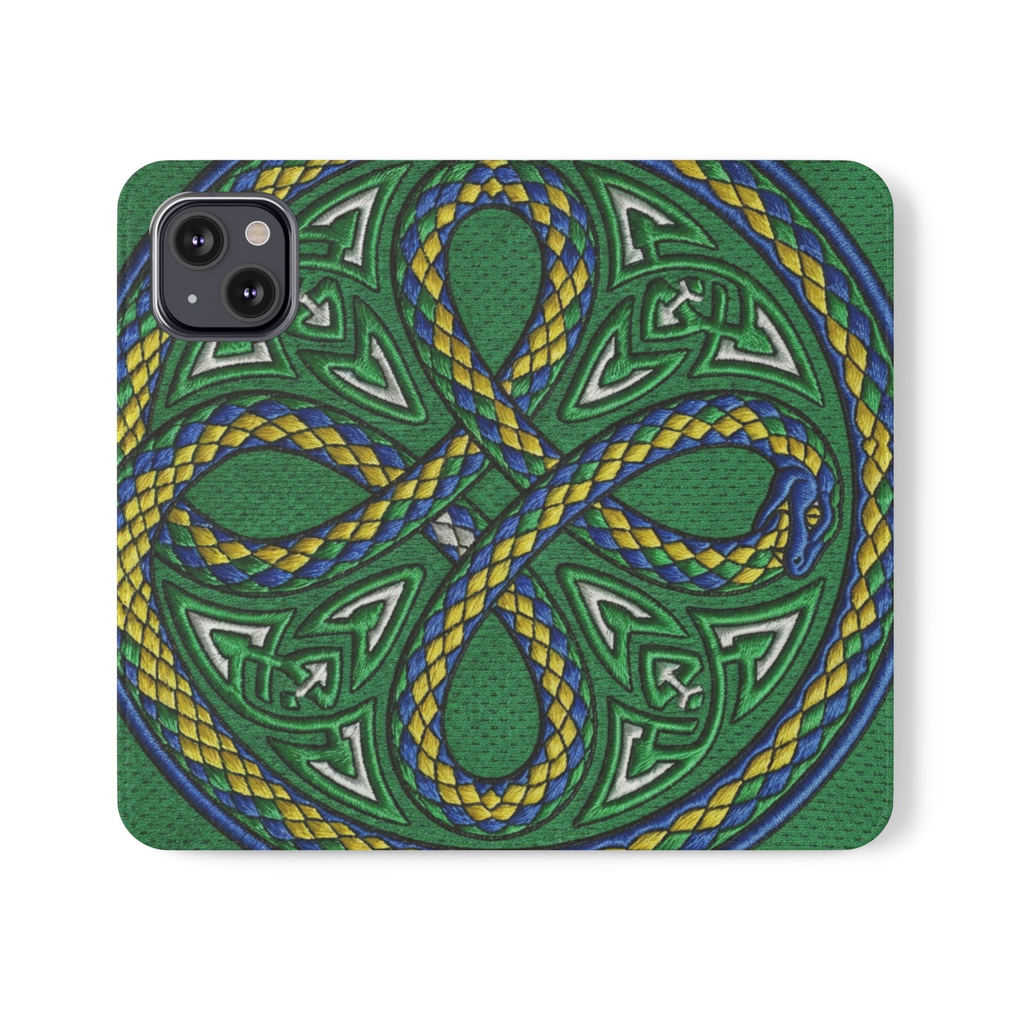 Ouroboros Green Flip Phone Case - Green & Gold Celtic Wallet Cover