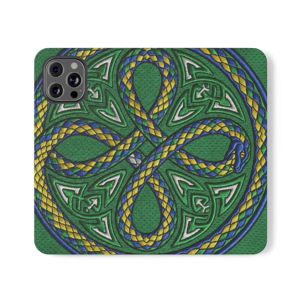Ouroboros Green Flip Phone Case - Green & Gold Celtic Wallet Cover