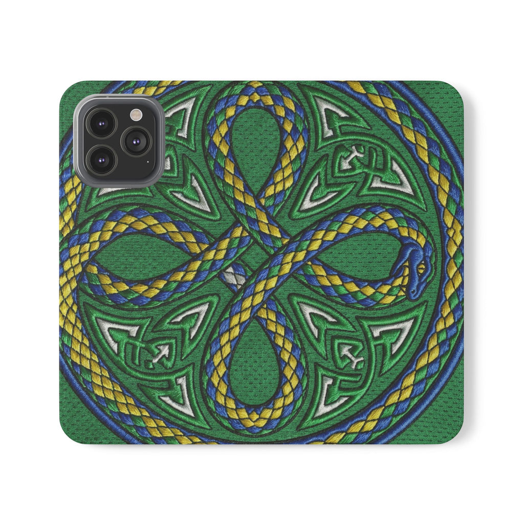 Ouroboros Green Flip Phone Case - Green & Gold Celtic Wallet Cover