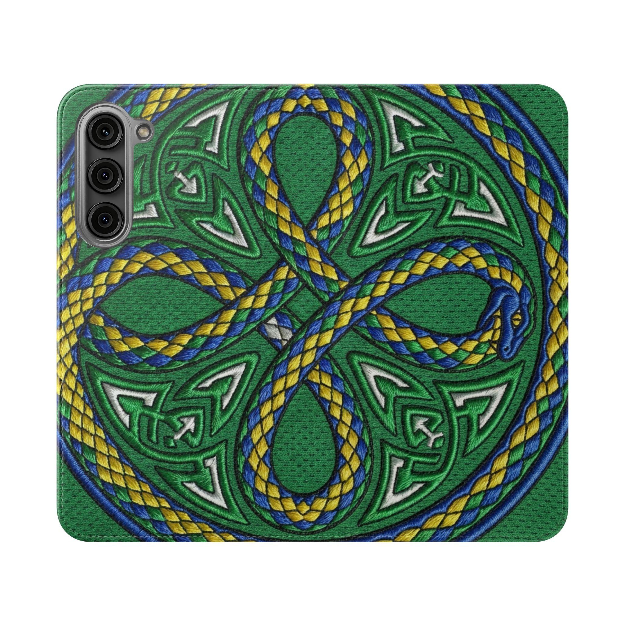 Ouroboros Green Flip Phone Case - Green & Gold Celtic Wallet Cover