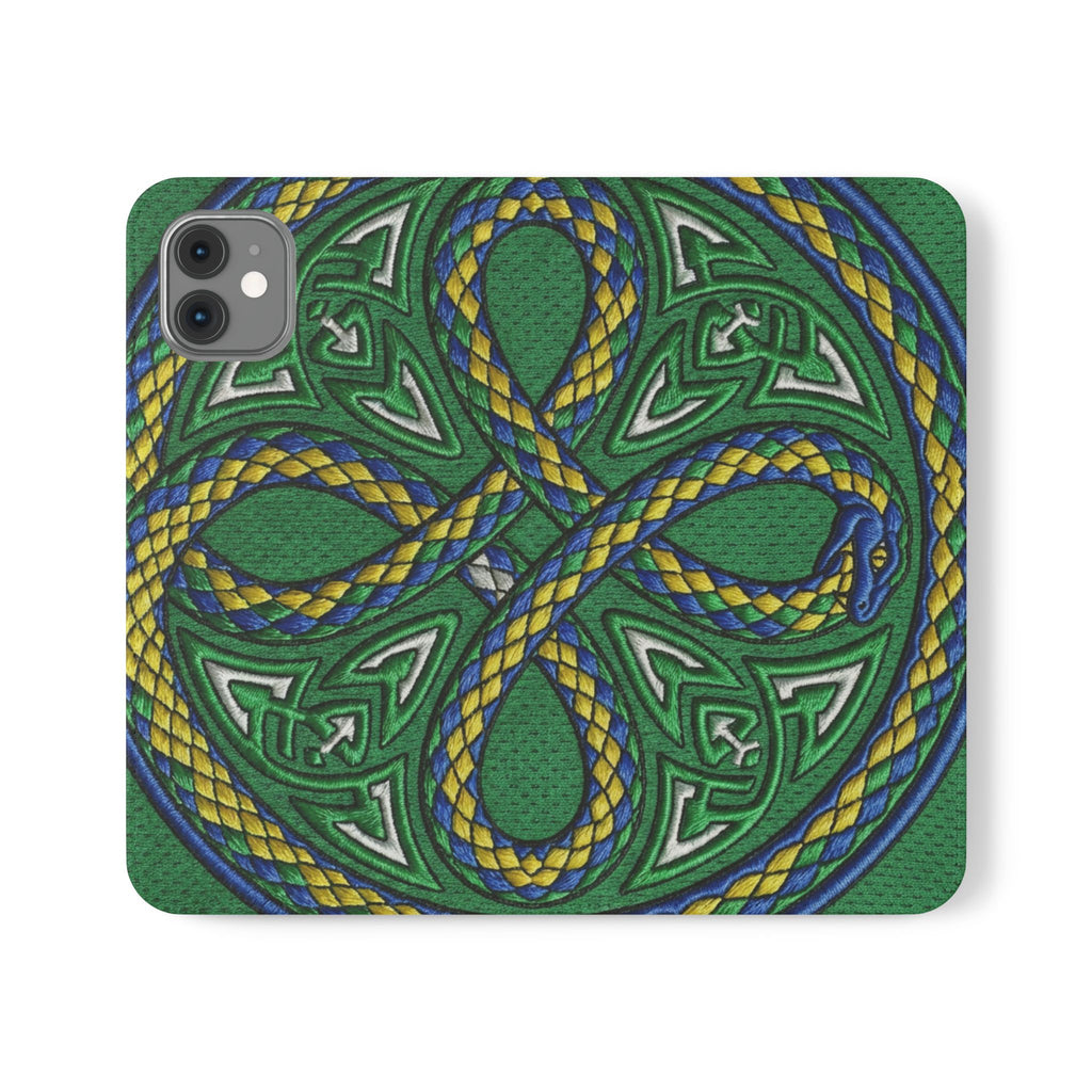 Ouroboros Green Flip Phone Case - Green & Gold Celtic Wallet Cover