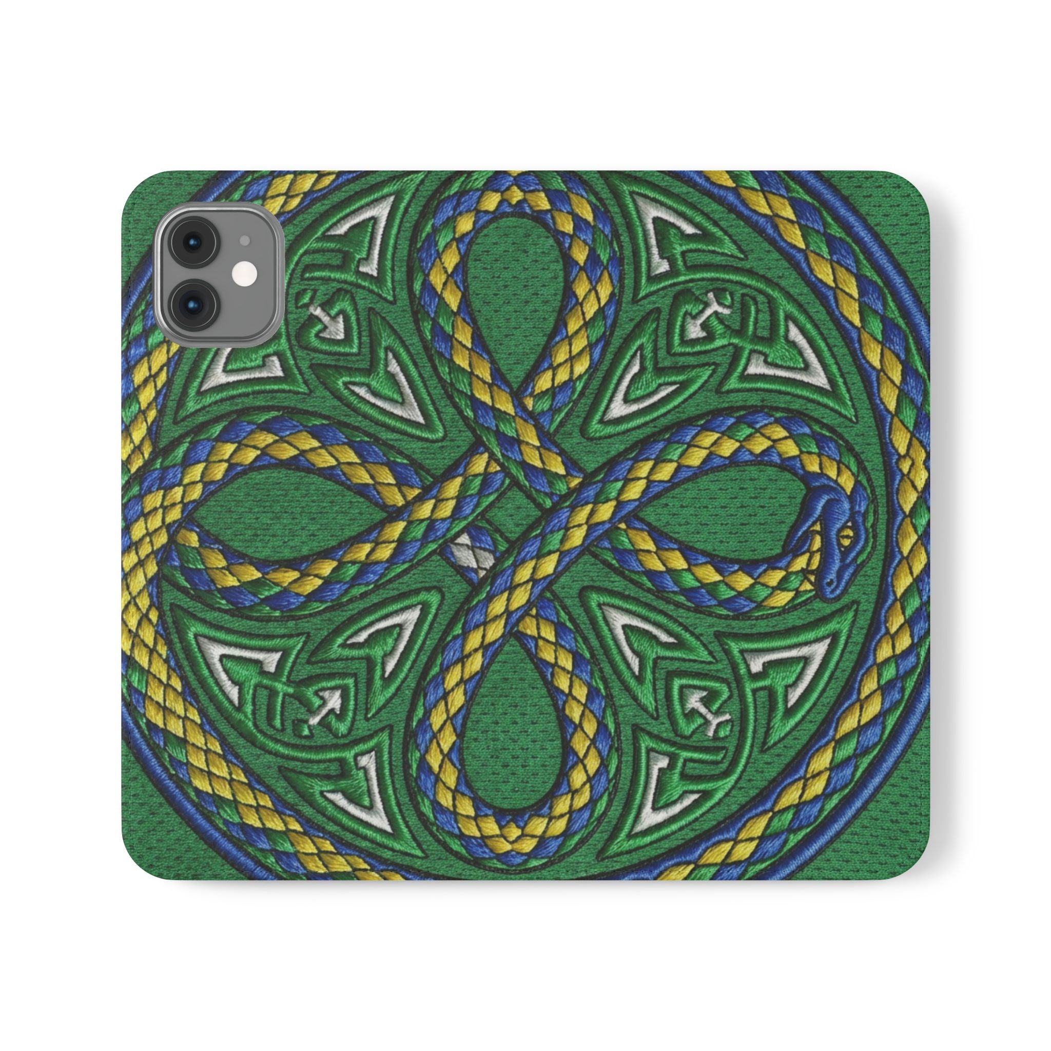 Ouroboros Green Flip Phone Case - Green & Gold Celtic Wallet Cover