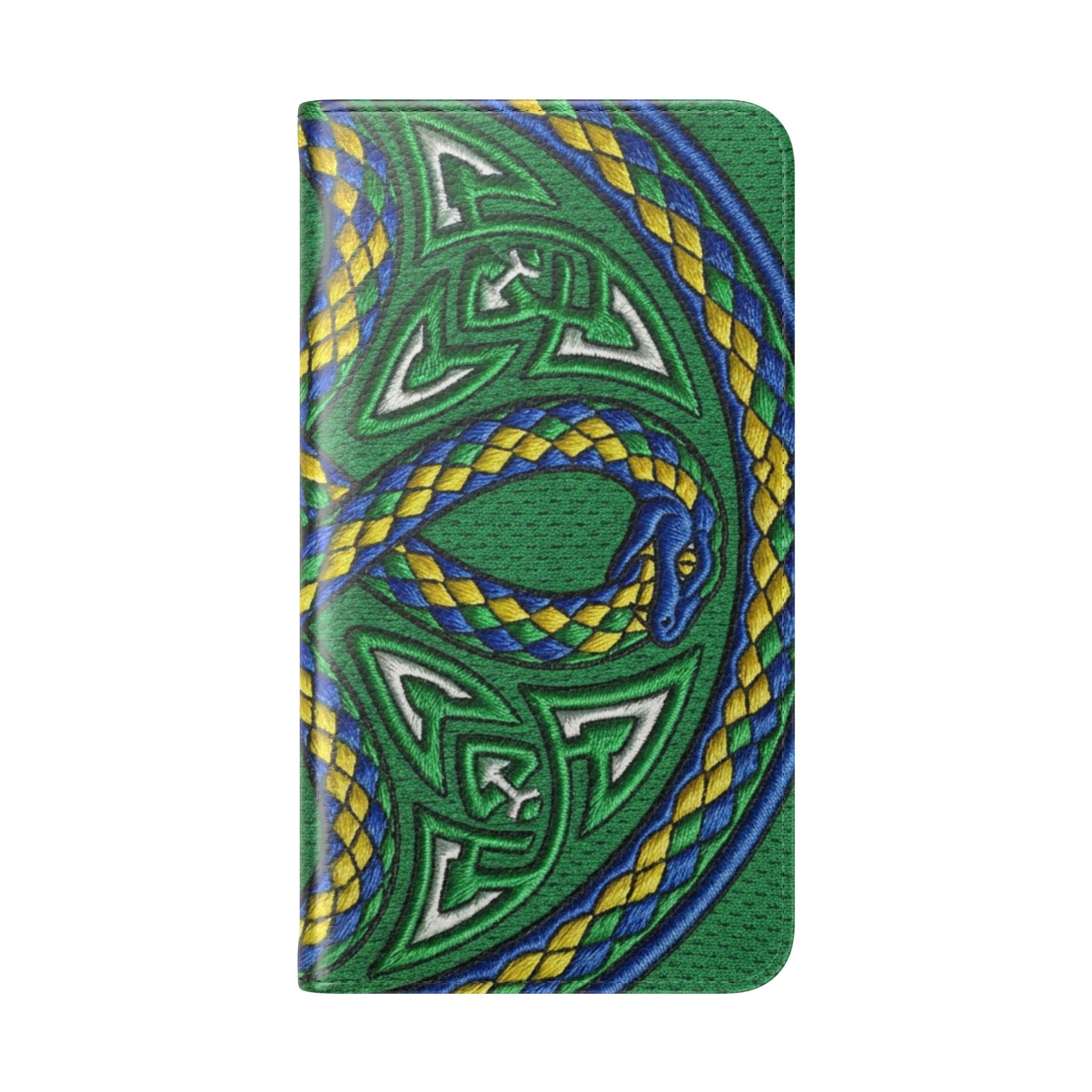 Ouroboros Green Flip Phone Case - Green & Gold Celtic Wallet Cover