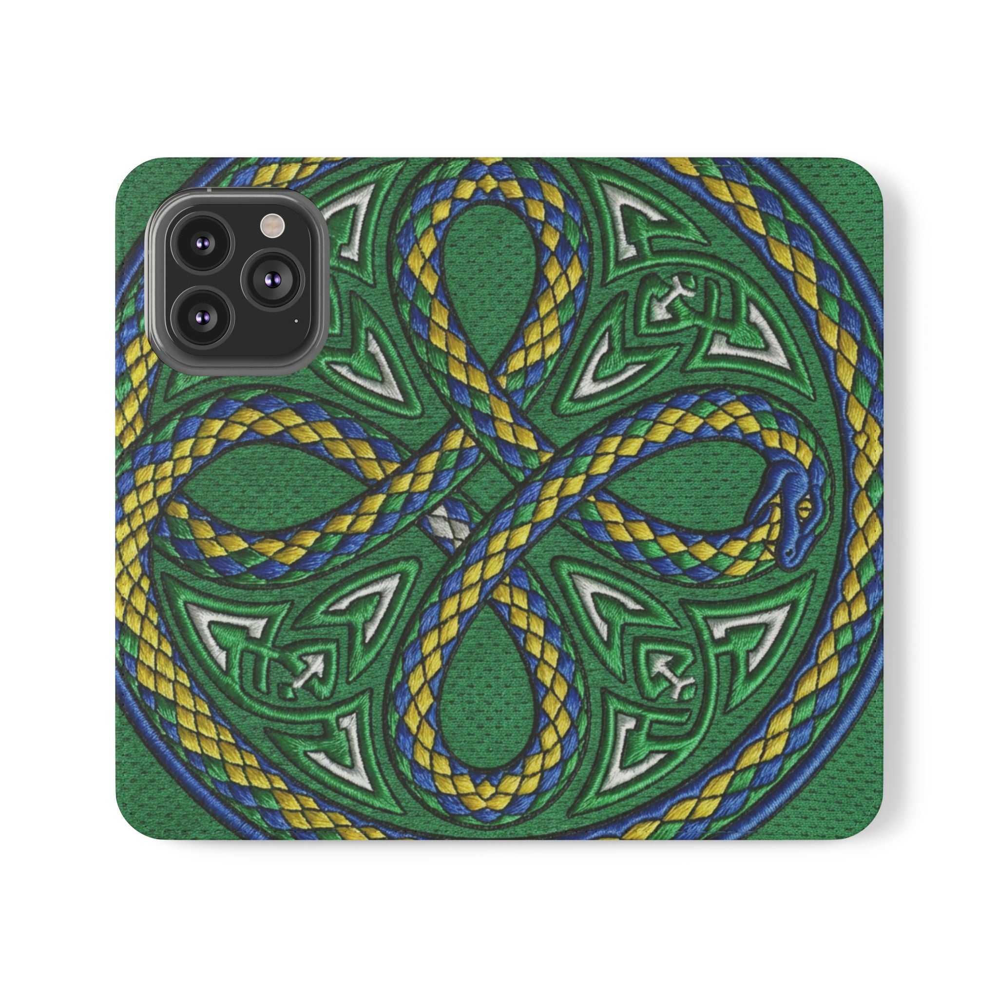 Ouroboros Green Flip Phone Case - Green & Gold Celtic Wallet Cover