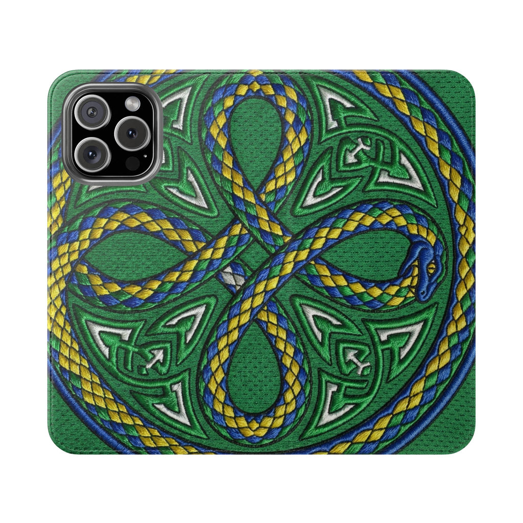 Ouroboros Green Flip Phone Case - Green & Gold Celtic Wallet Cover