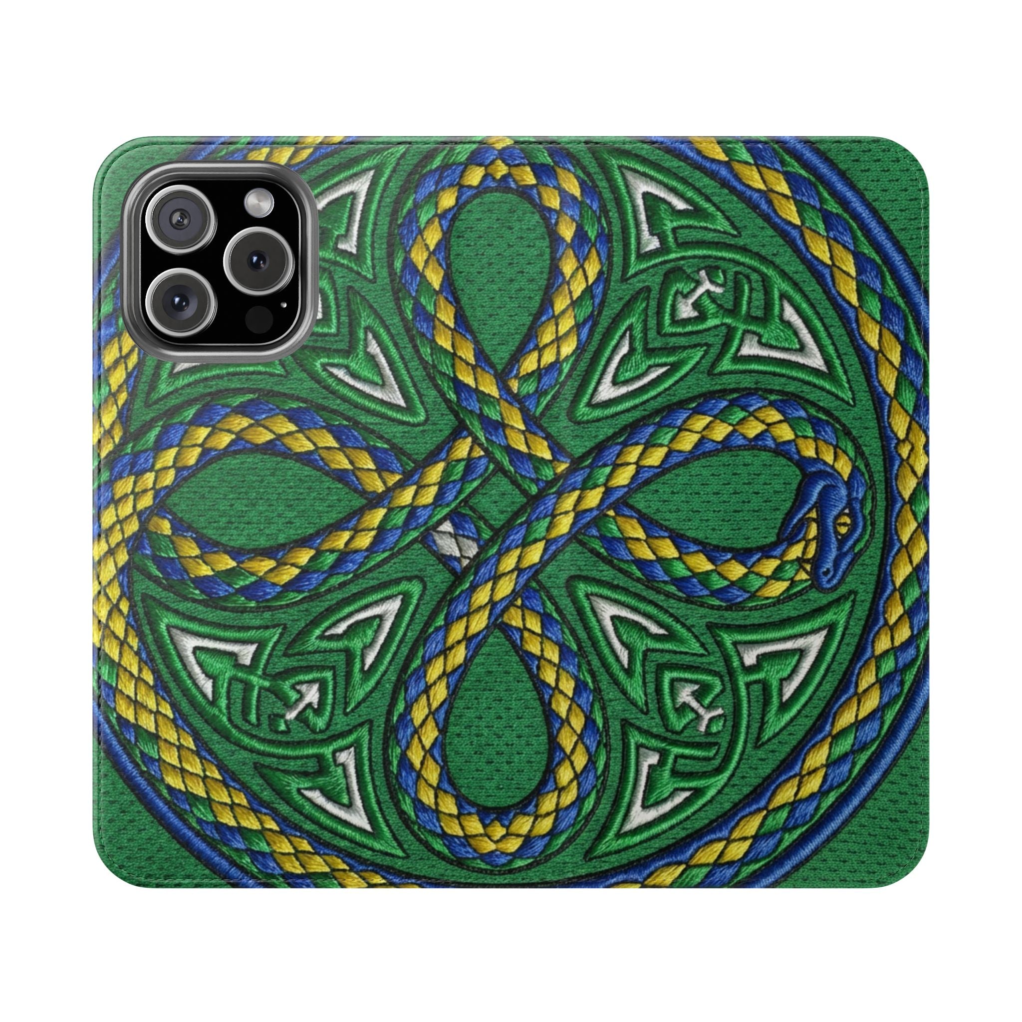 Ouroboros Green Flip Phone Case - Green & Gold Celtic Wallet Cover